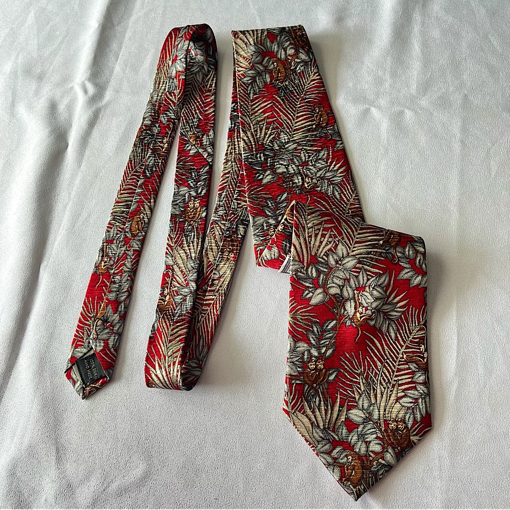 Tesoro Rosso 100% Silk Tie Red Tropical Palm Monkey print